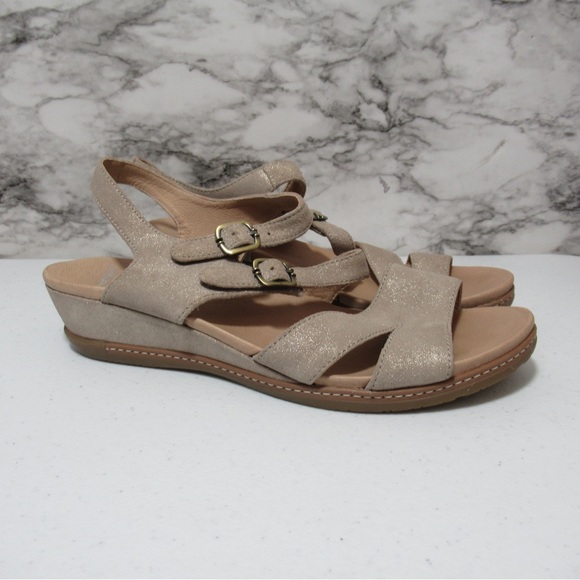 Dansko Shoes - Dansko Angela Metallic Shimmer Nubuck Asymmetrical Straps Wedge Sandals Size 42